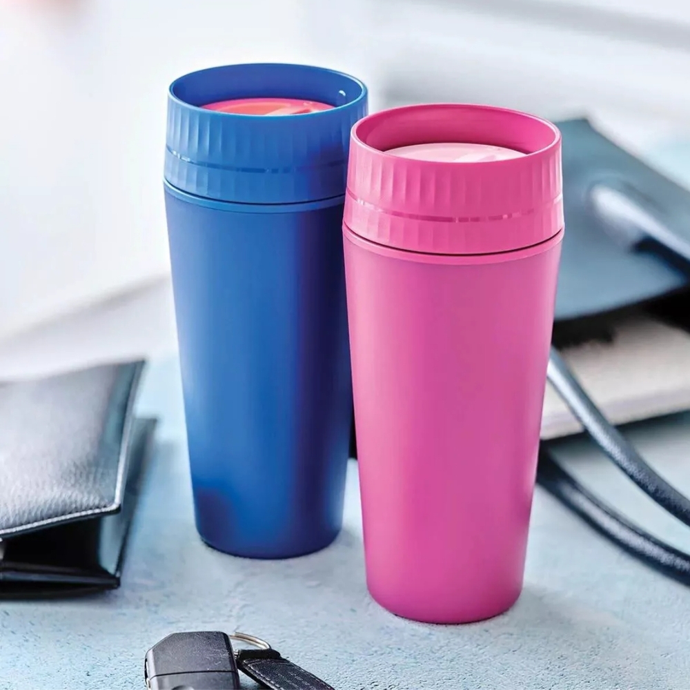 Tupperware Blue and Pink Travel Mugs